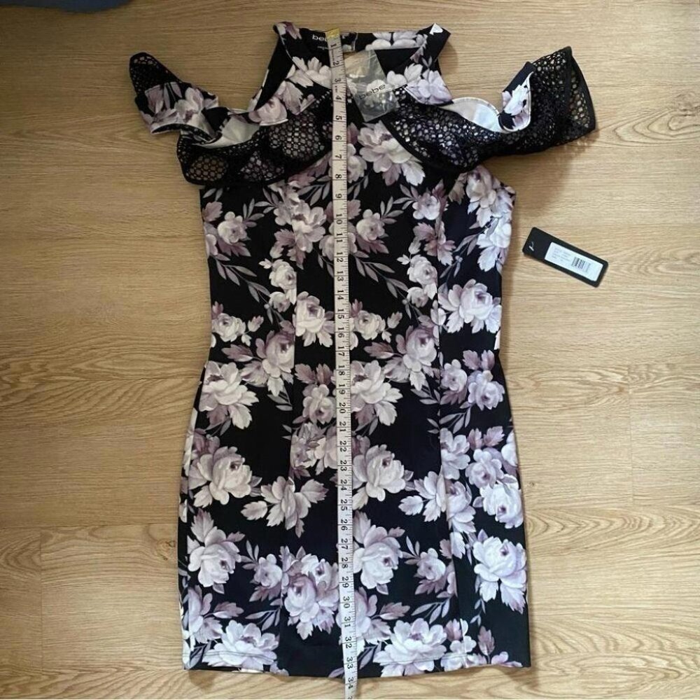 Lace Cold Shoulder Bebe Floral Mini Dress NWT Bodycon Sz 10 Black White Pink - Picture 14 of 16